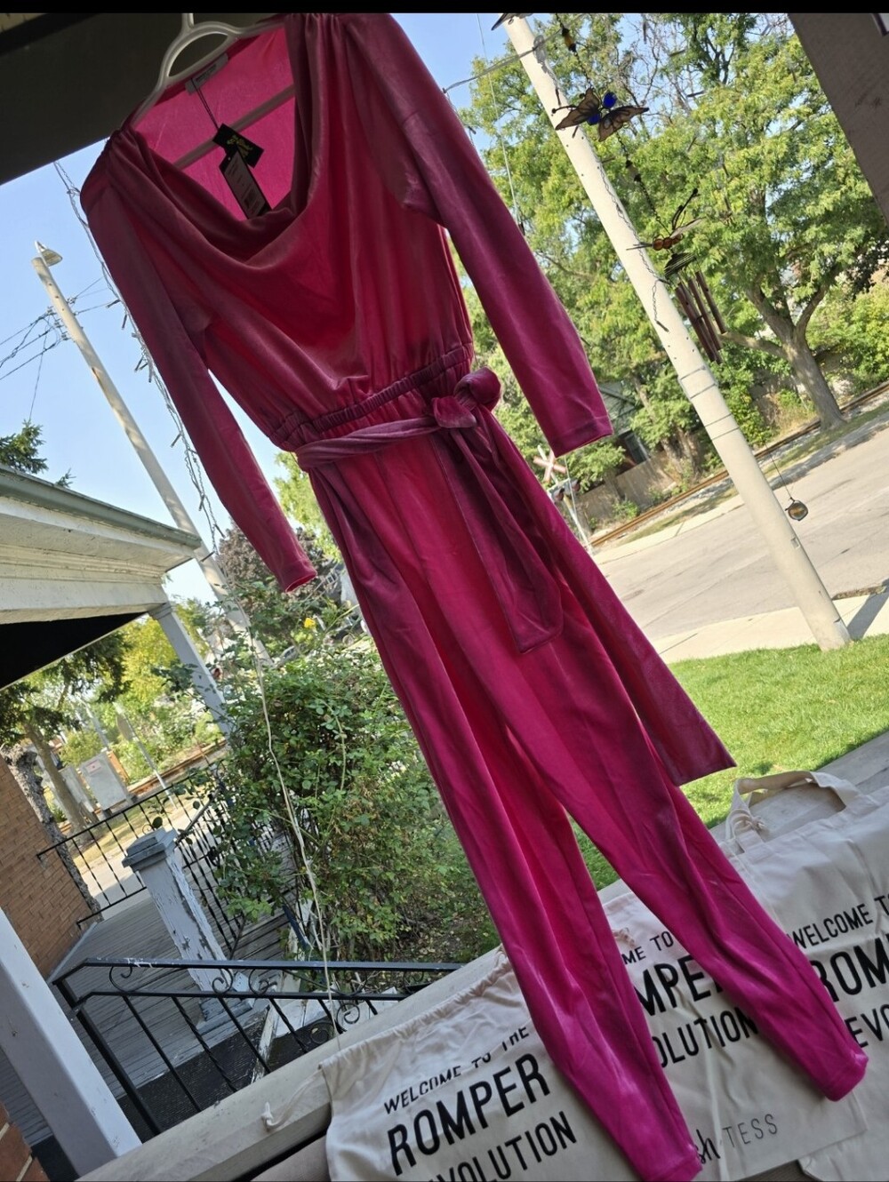 Women's Magenta Velvet Jumpsuit with Tie Waist